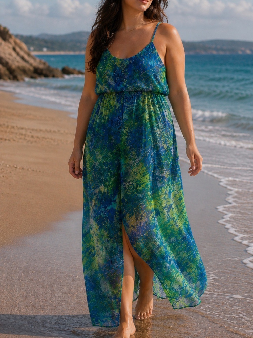 Vintage 90s Sheer Maxi Dress Sz L Green Blue Beachy Boho Sexy JLO Swim Cover EUC